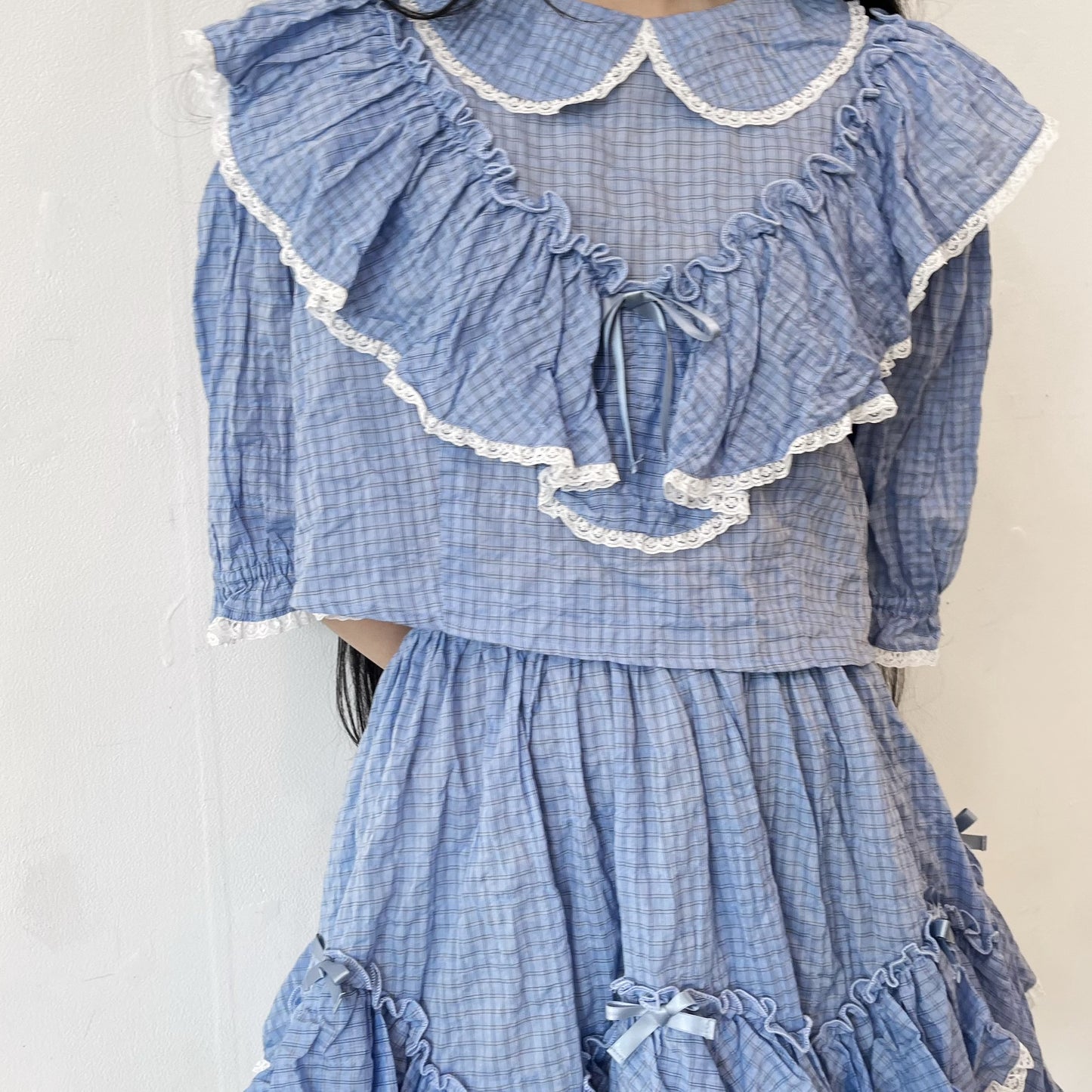 SHORT COTTON BLOUSE / BLUE / ショートフリルブラウス