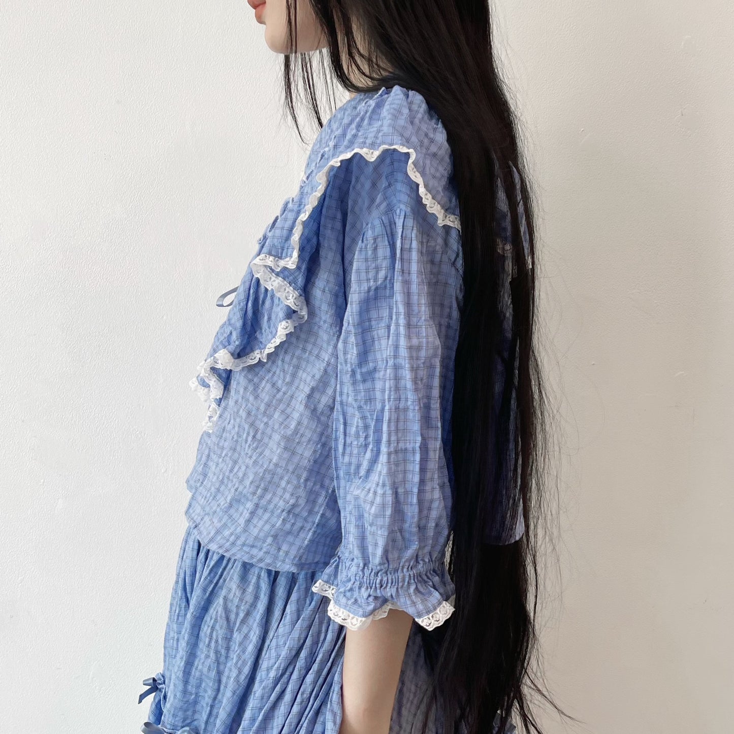 SHORT COTTON BLOUSE / BLUE / ショートフリルブラウス