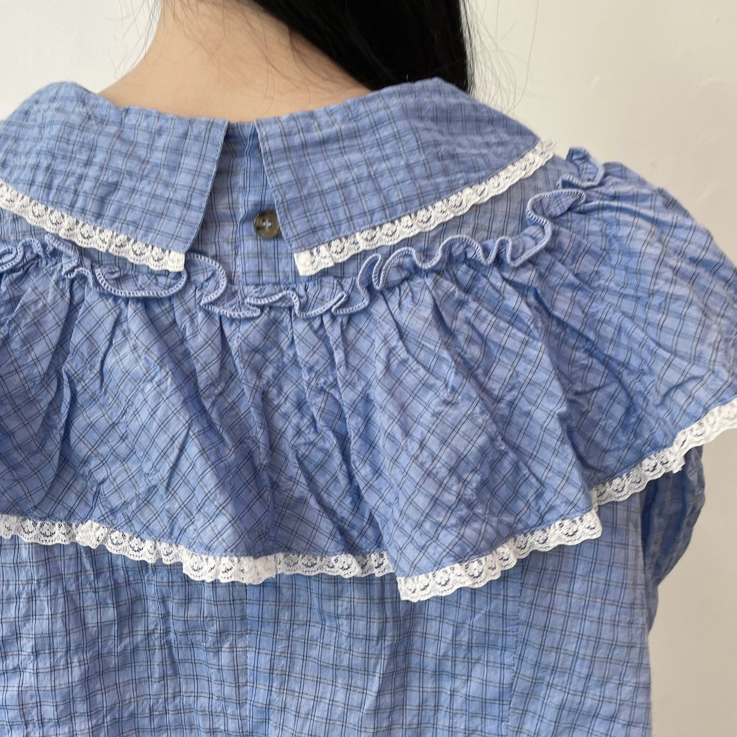 SHORT COTTON BLOUSE / BLUE / ショートフリルブラウス