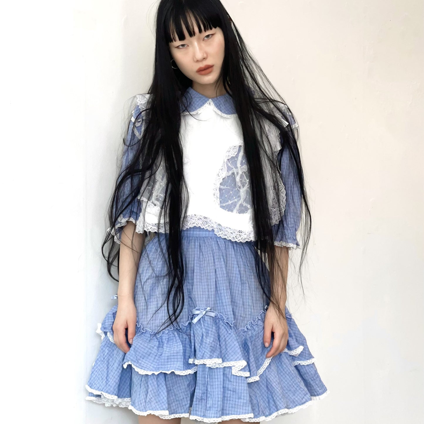 SHORT COTTON BLOUSE / BLUE / ショートフリルブラウス