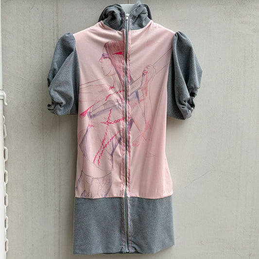 Cat ear zip short puff slv / grey / キャットイヤージップアップフーディー