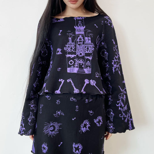 Peep black pullover / black × purple / プリントベルスリーブロングTシャツ