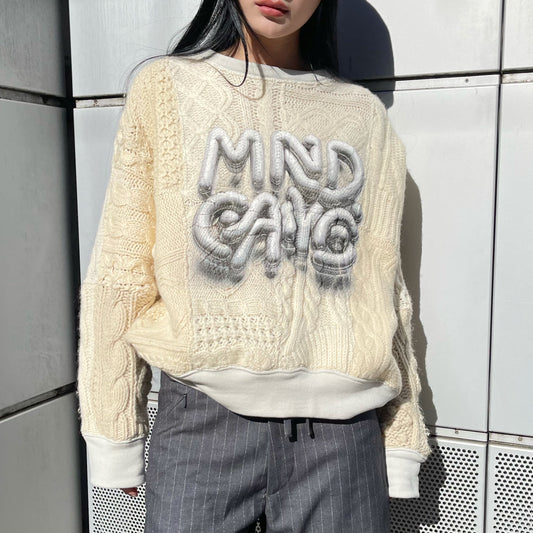 SWITCHING KNIT PULL OVER / OFF WHITE × MIND GAME / プリントフィッシャーマンニット