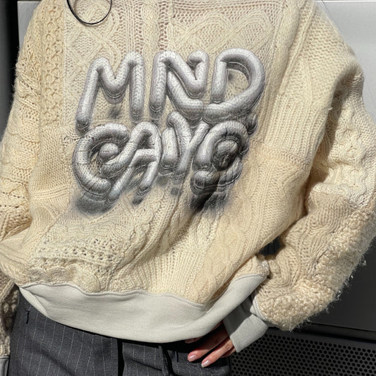 SWITCHING KNIT PULL OVER / OFF WHITE × MIND GAME / プリントフィッシャーマンニット