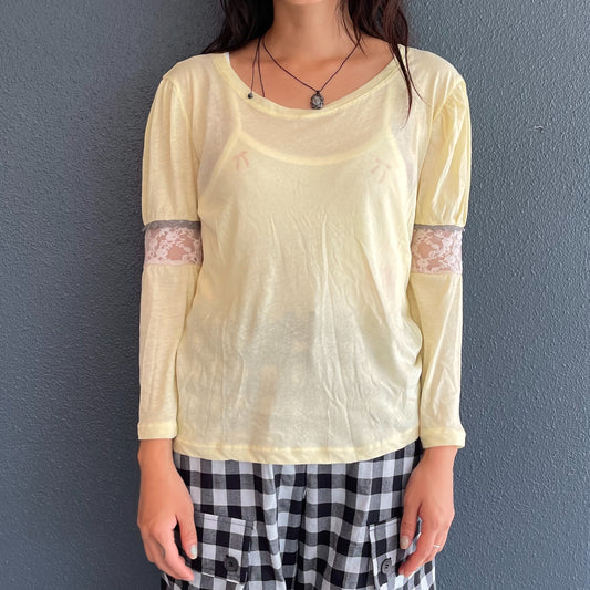 puff lace trimming top / lemon / パフレーストップ