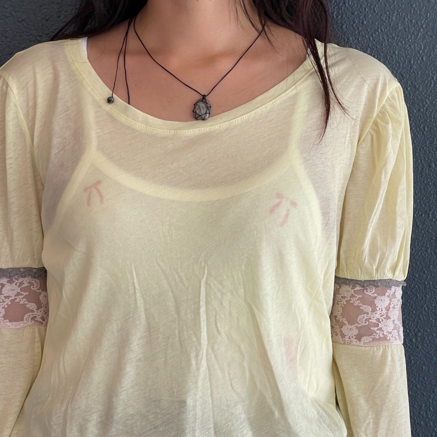 puff lace trimming top / lemon / パフレーストップ