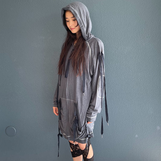 ribbon maxi linen hood / charcoal / リネンパーカ