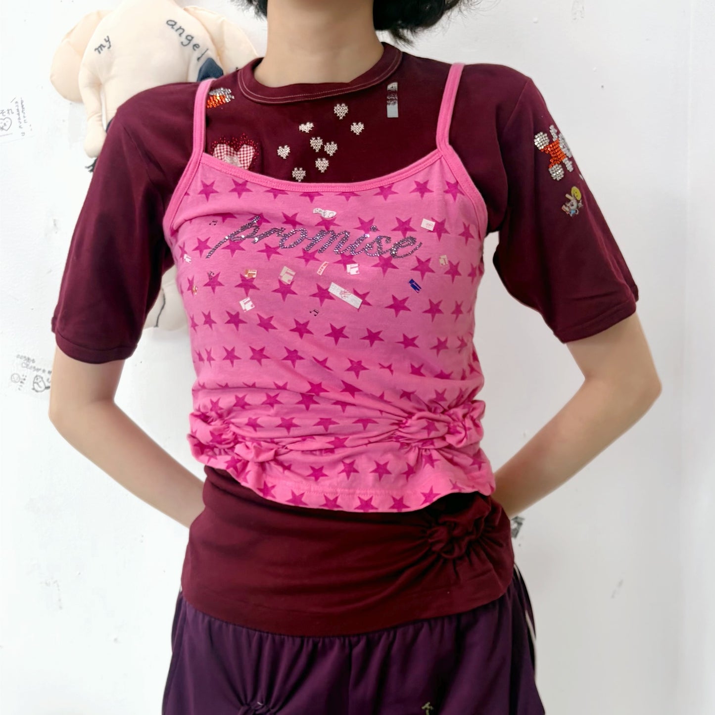 Promise… T shirt / wine red,pink / レイヤードTシャツ