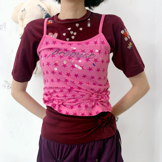 Promise… T shirt / wine red,pink / レイヤードTシャツ