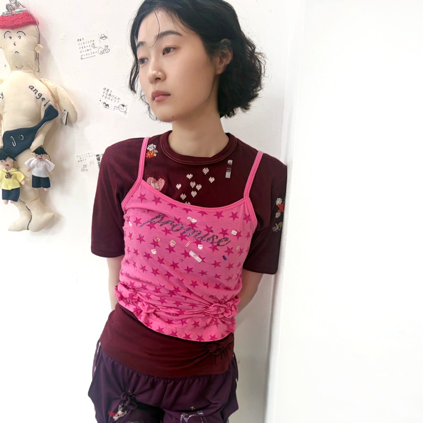 Promise… T shirt / wine red,pink / レイヤードTシャツ