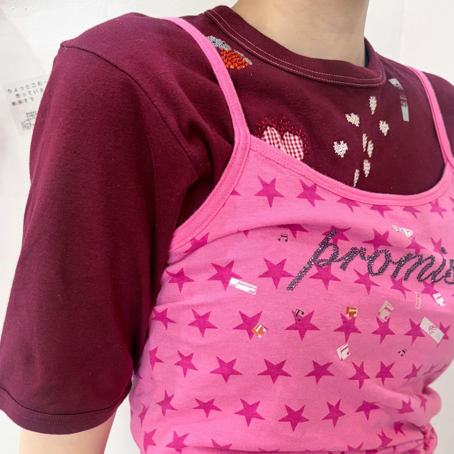Promise… T shirt / wine red,pink / レイヤードTシャツ