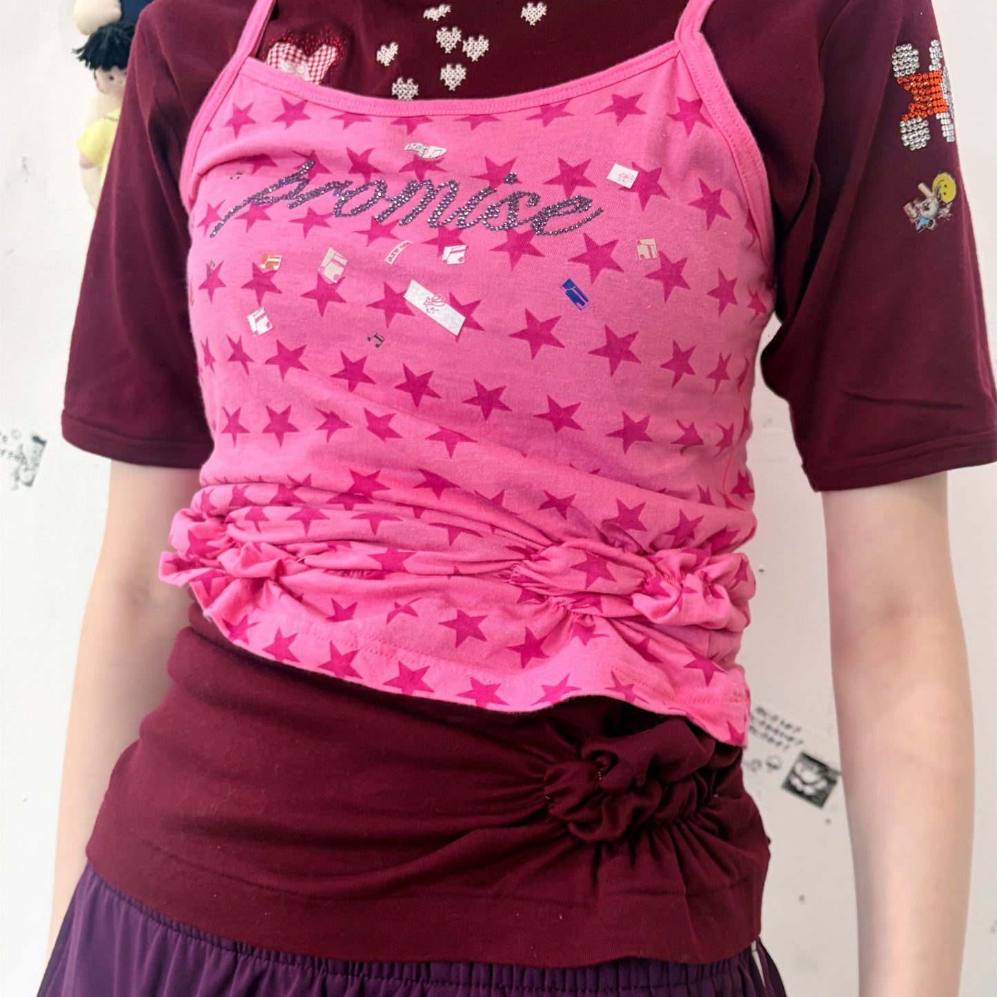 Promise… T shirt / wine red,pink / レイヤードTシャツ