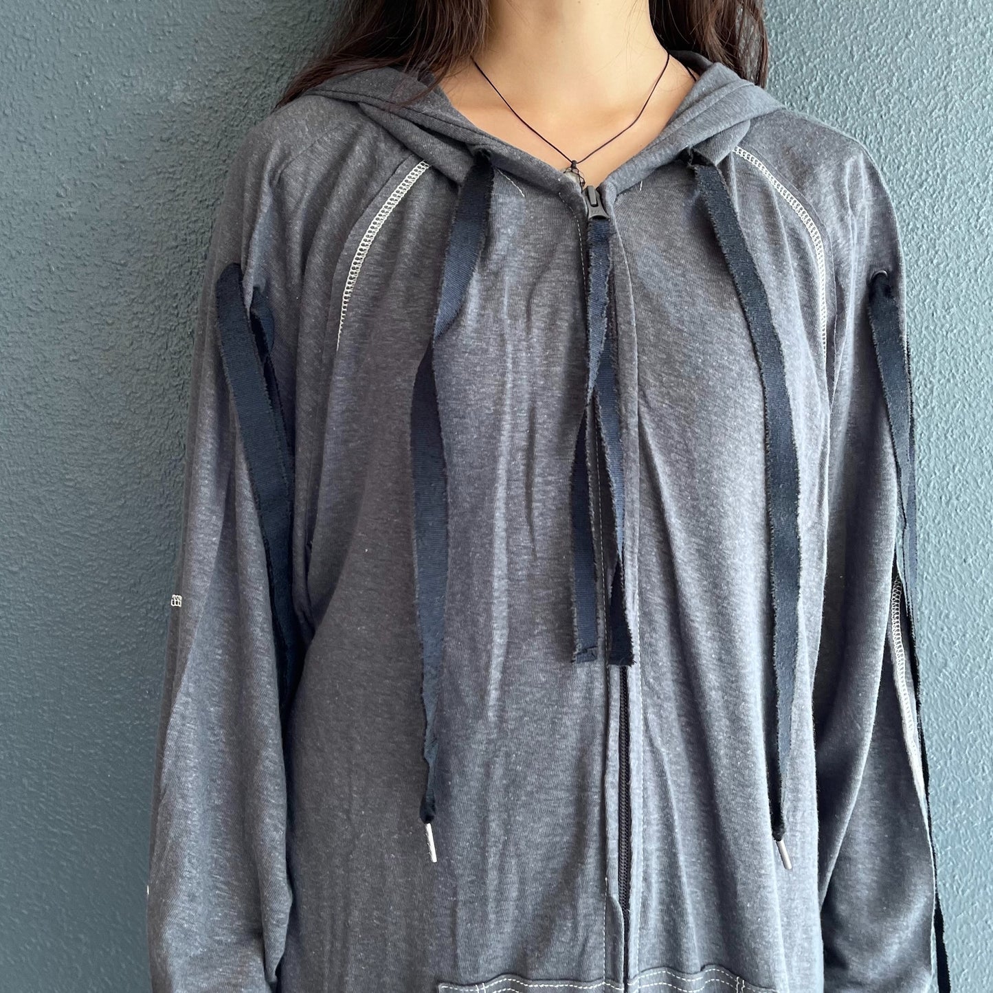 ribbon maxi linen hood / charcoal / リネンパーカ