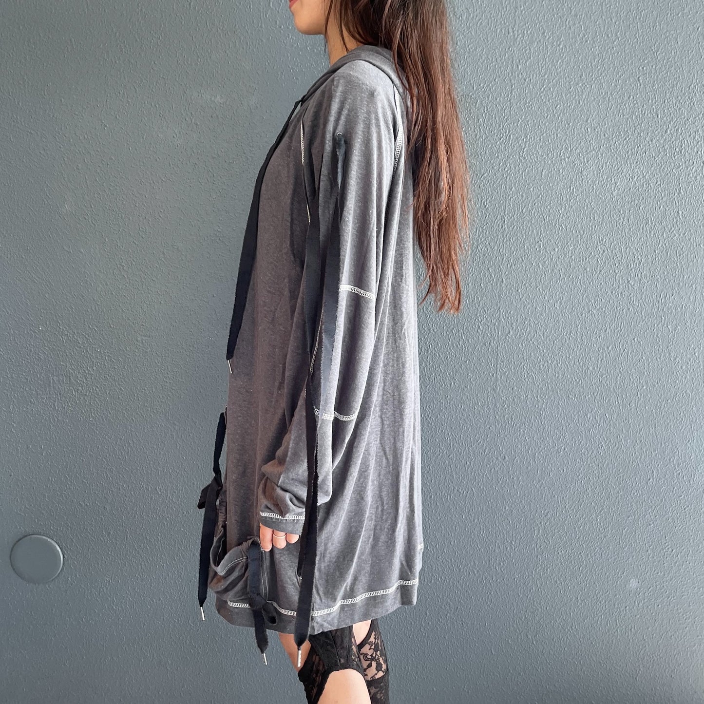 ribbon maxi linen hood / charcoal / リネンパーカ