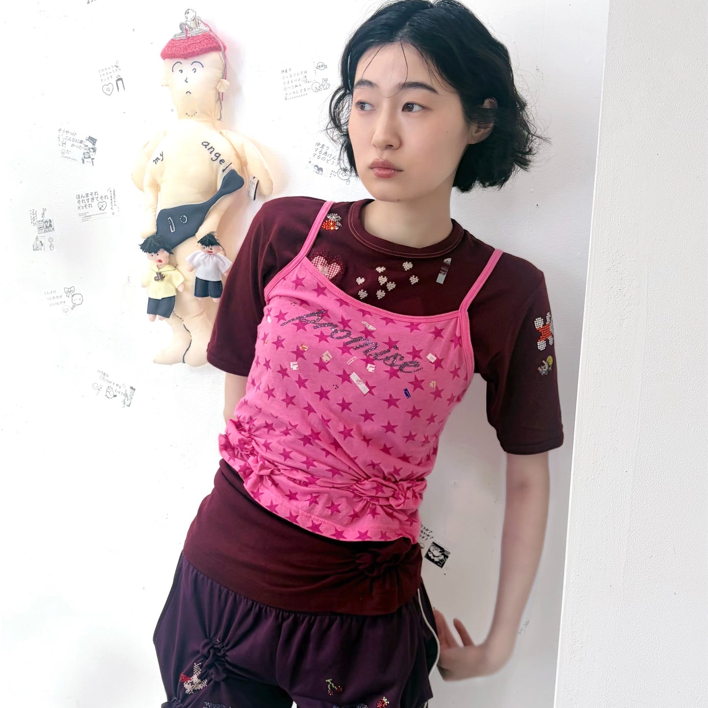 Promise… T shirt / wine red,pink / レイヤードTシャツ