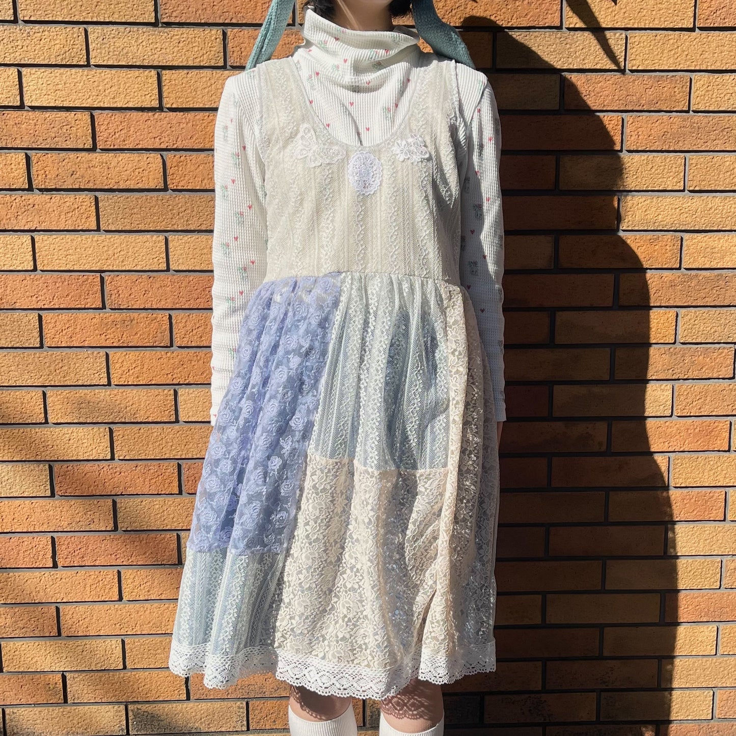 lace dress / white x blue / レースパッチワークワンピース