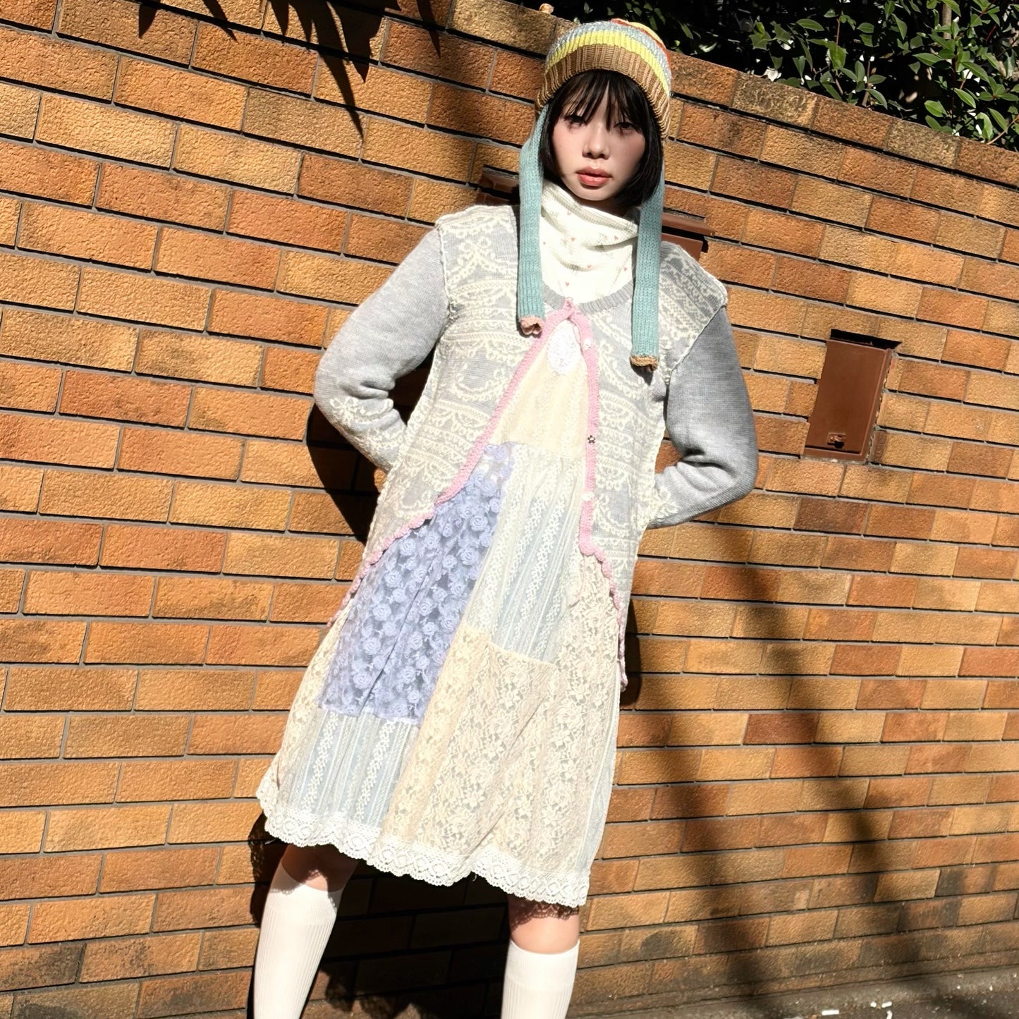 lace dress / white x blue / レースパッチワークワンピース
