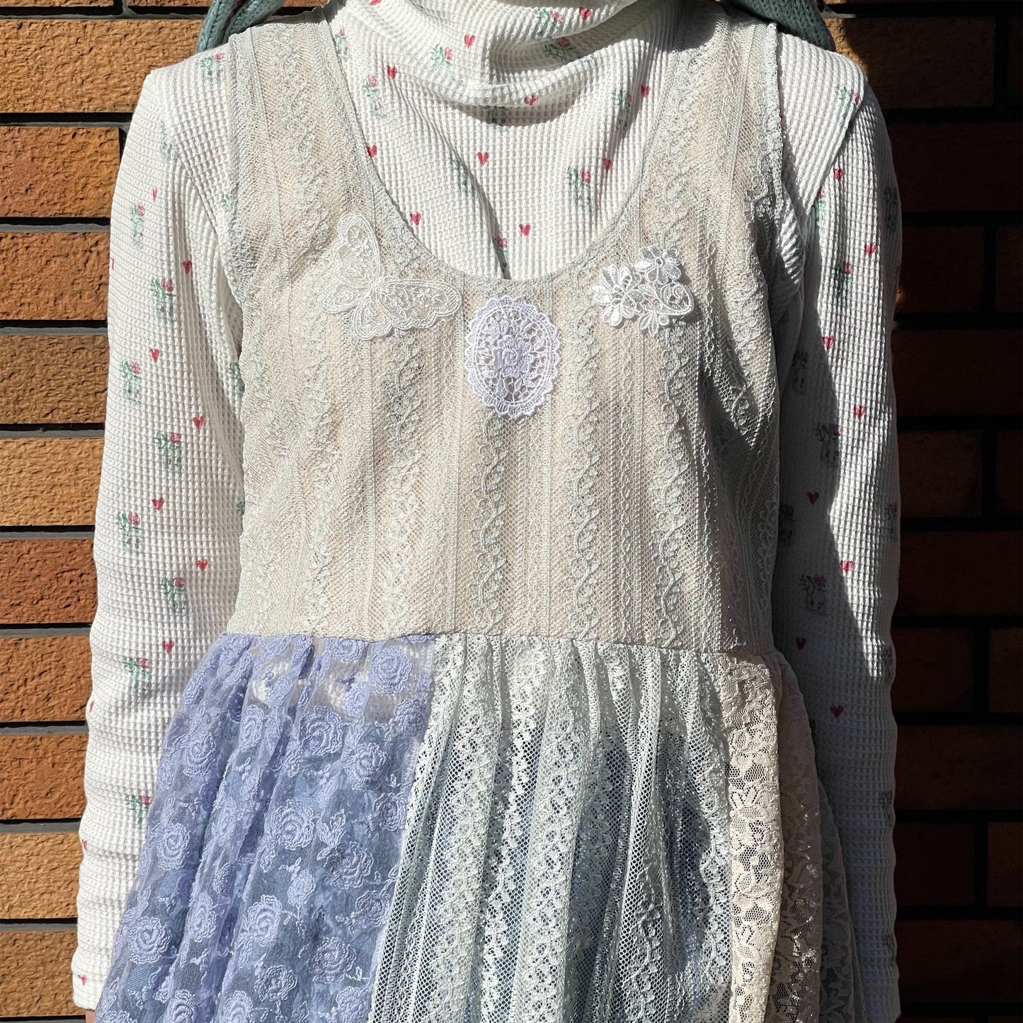 lace dress / white x blue / レースパッチワークワンピース