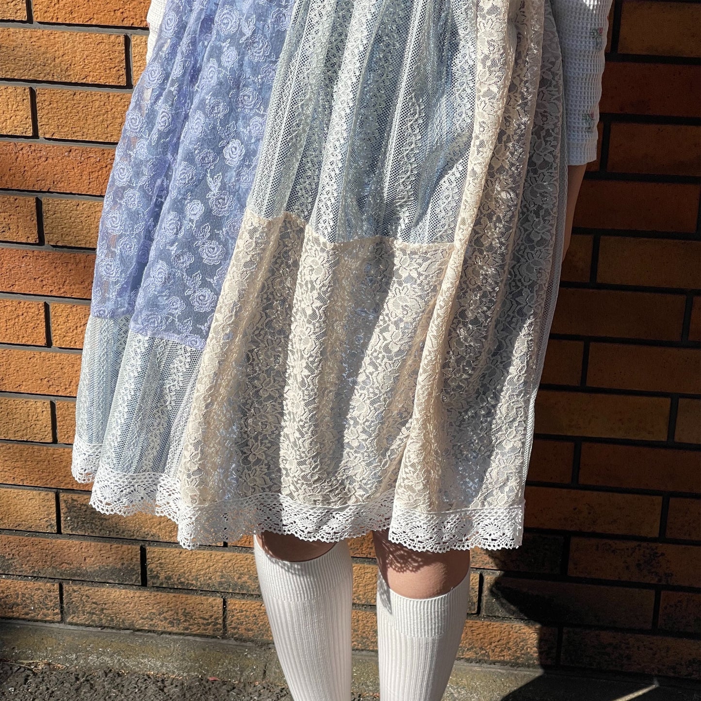 lace dress / white x blue / レースパッチワークワンピース