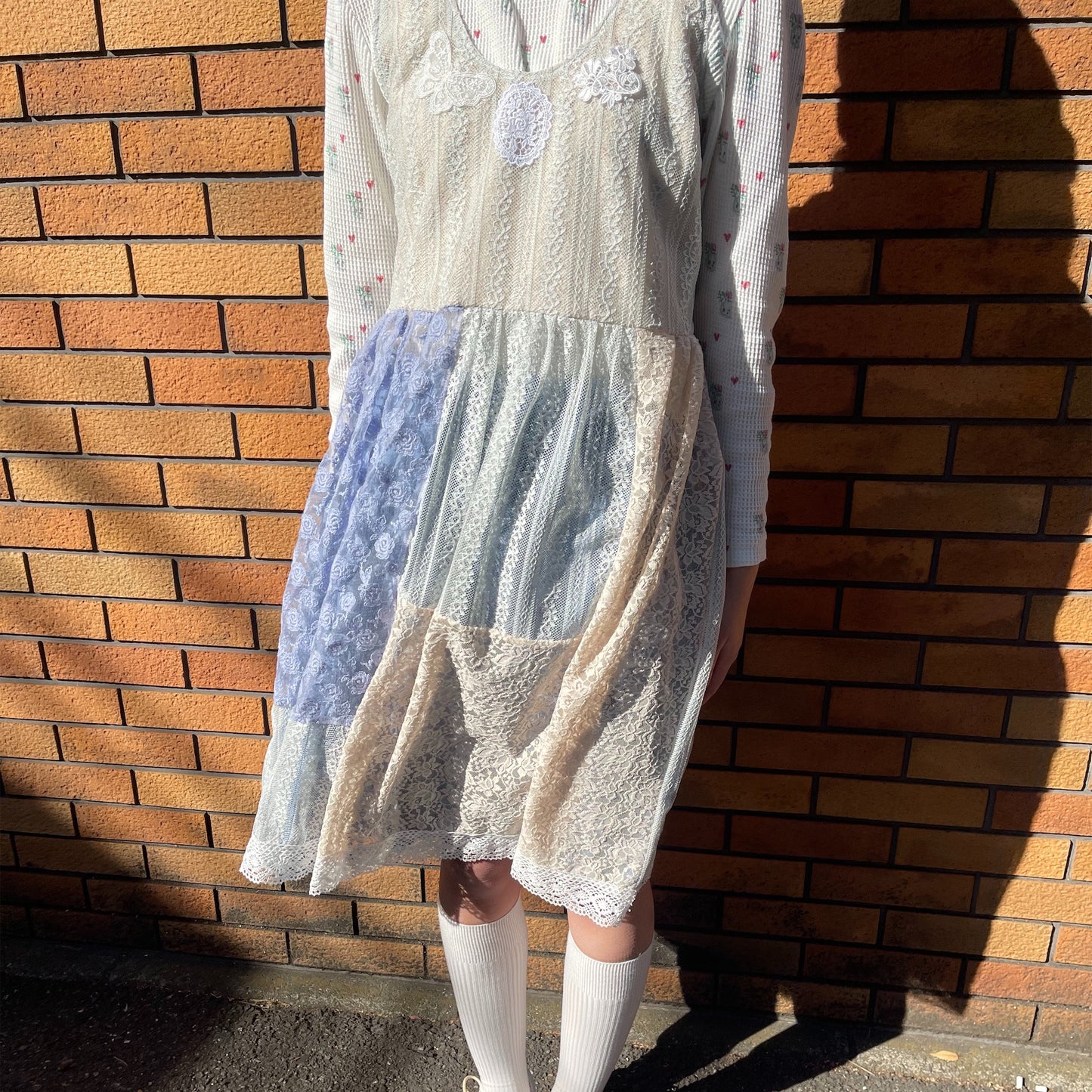 lace dress / white x blue / レースパッチワークワンピース