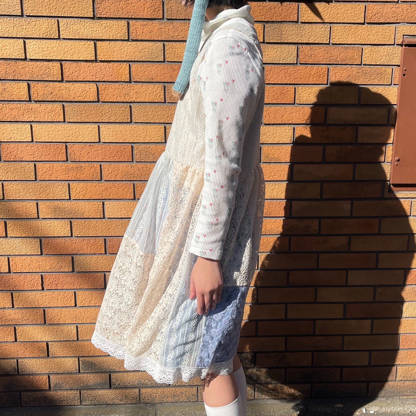 lace dress / white x blue / レースパッチワークワンピース