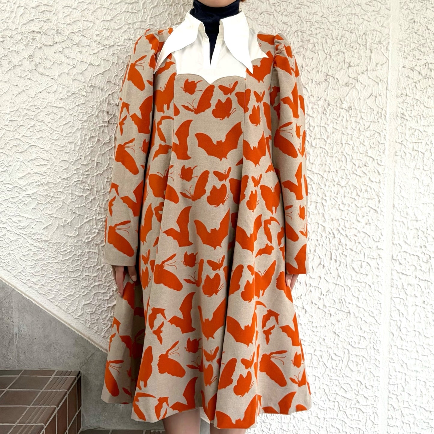 FAKE LAYERED FLOCKY ONE PIECE / BEIGE x ORANGE / フェイクレイヤードフロッキーワンピース