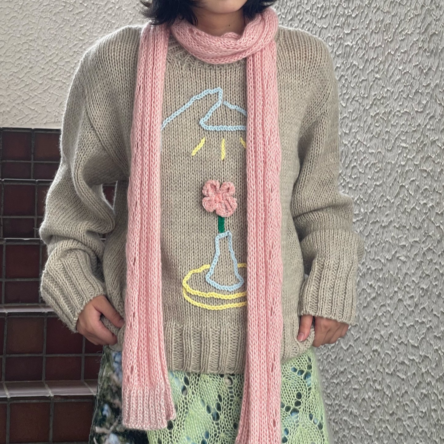 lace knitting muffler / pink / レース編みマフラー