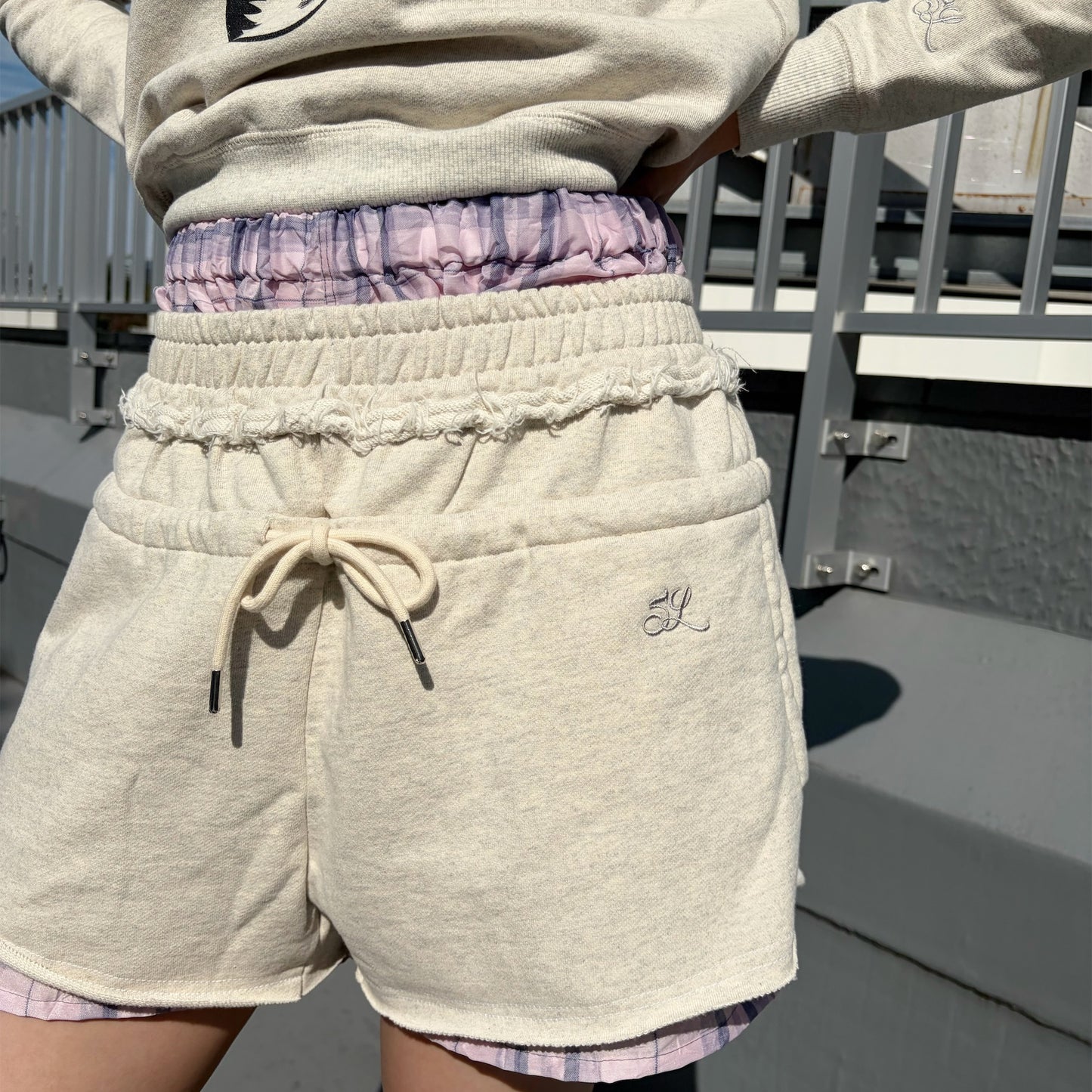 SHIFT PANTS / GRAY×CRUSHEDPINK / レイヤードショートパンツ
