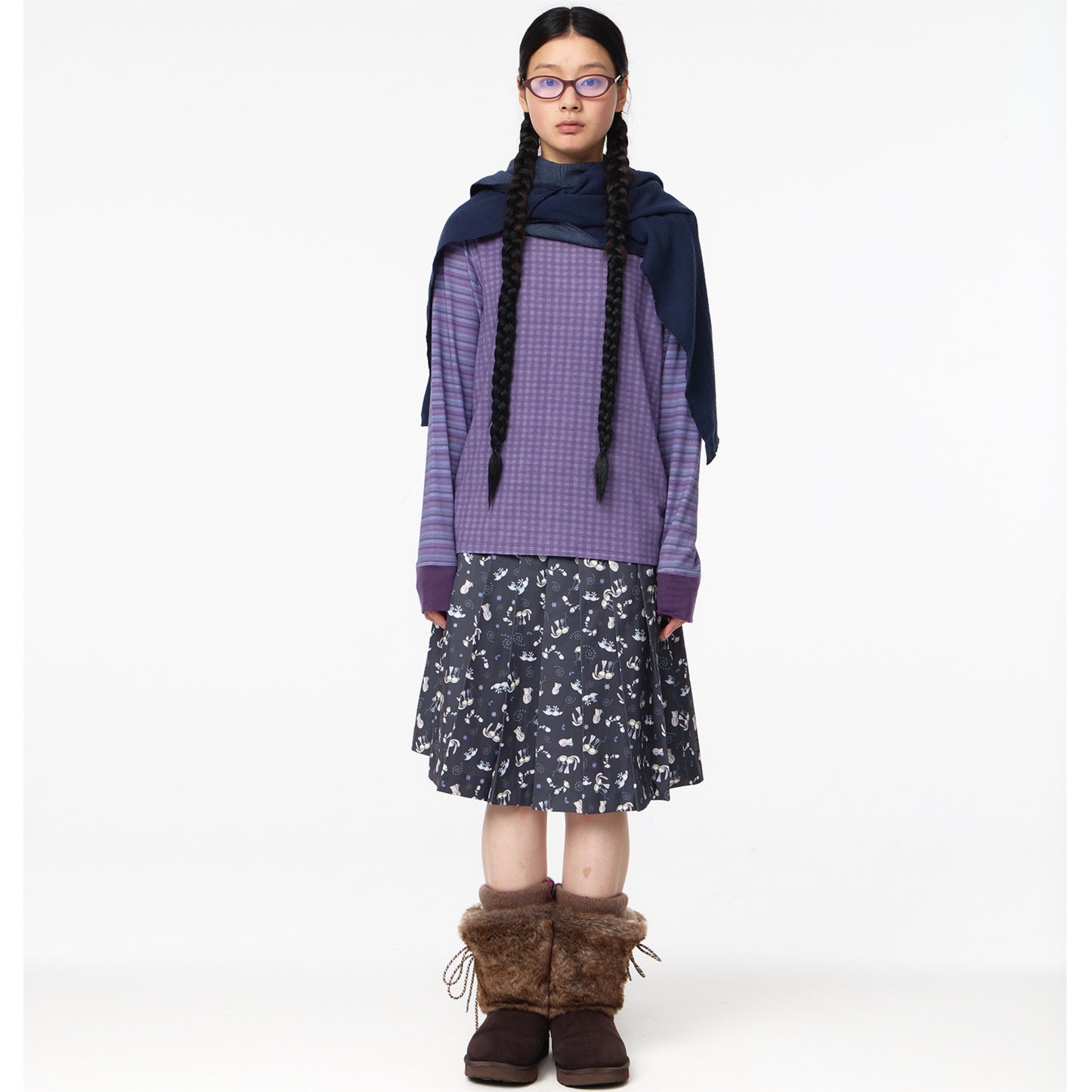 TEJI TWO-TONE PATTERN PLEATS SKIRT / CHARCOAL / パターンプリーツスカート