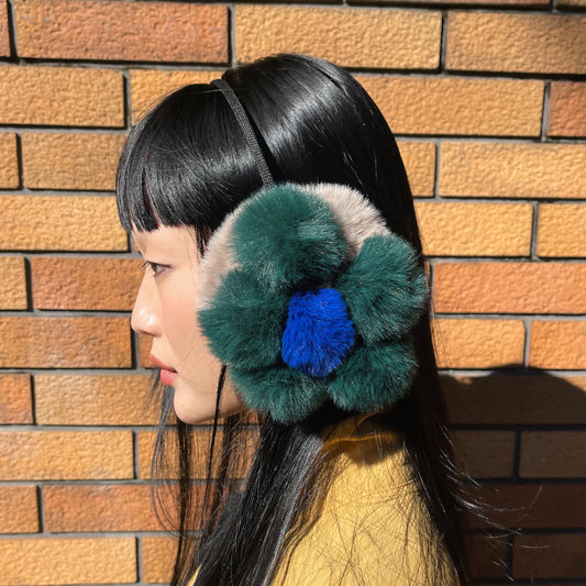 FLOWER FUR EARMUFFS / BEIGE × GREEN / フラワーファーイヤーマフ