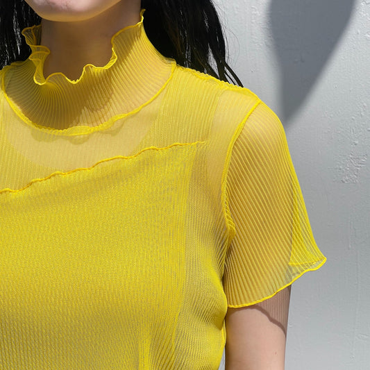 SHEER LAYERED SHORT SLEEVE TOP / YELLOW / シアープリーツショートスリーブトップ