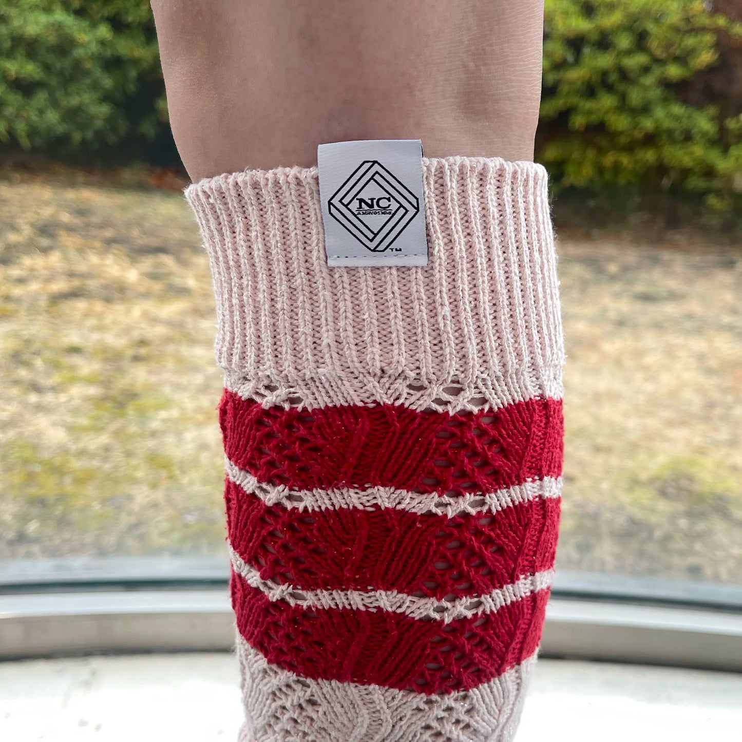 OVER KNEE LACE KNIT SOCKS / PEPPERMINT BUTLER PINK × RED / オーバーニーレースニットソックス