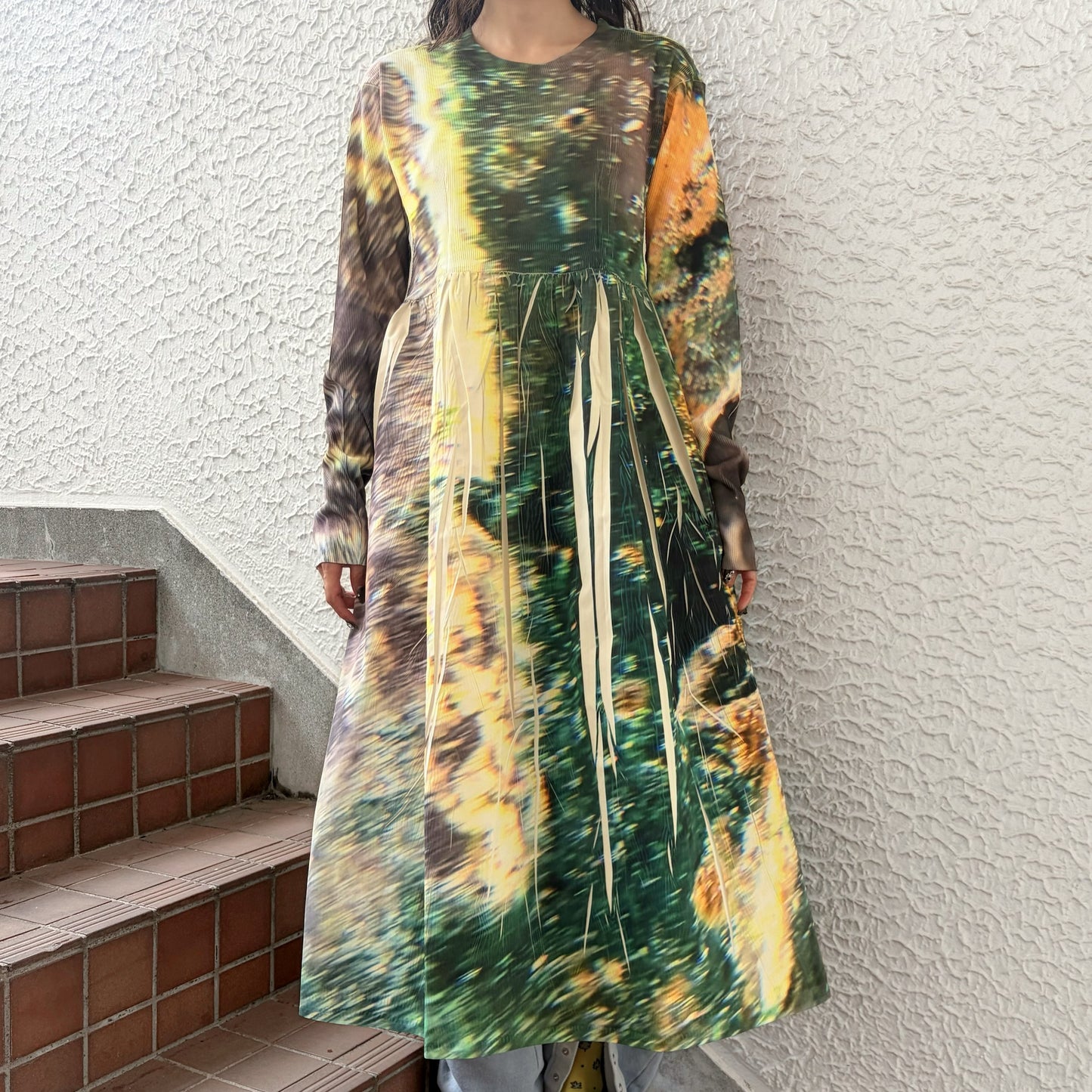 DIRECT PRINT RIB GATHER ONE-PIECE / YELLOW / ダイレクトプリントリブギャザーワンピース