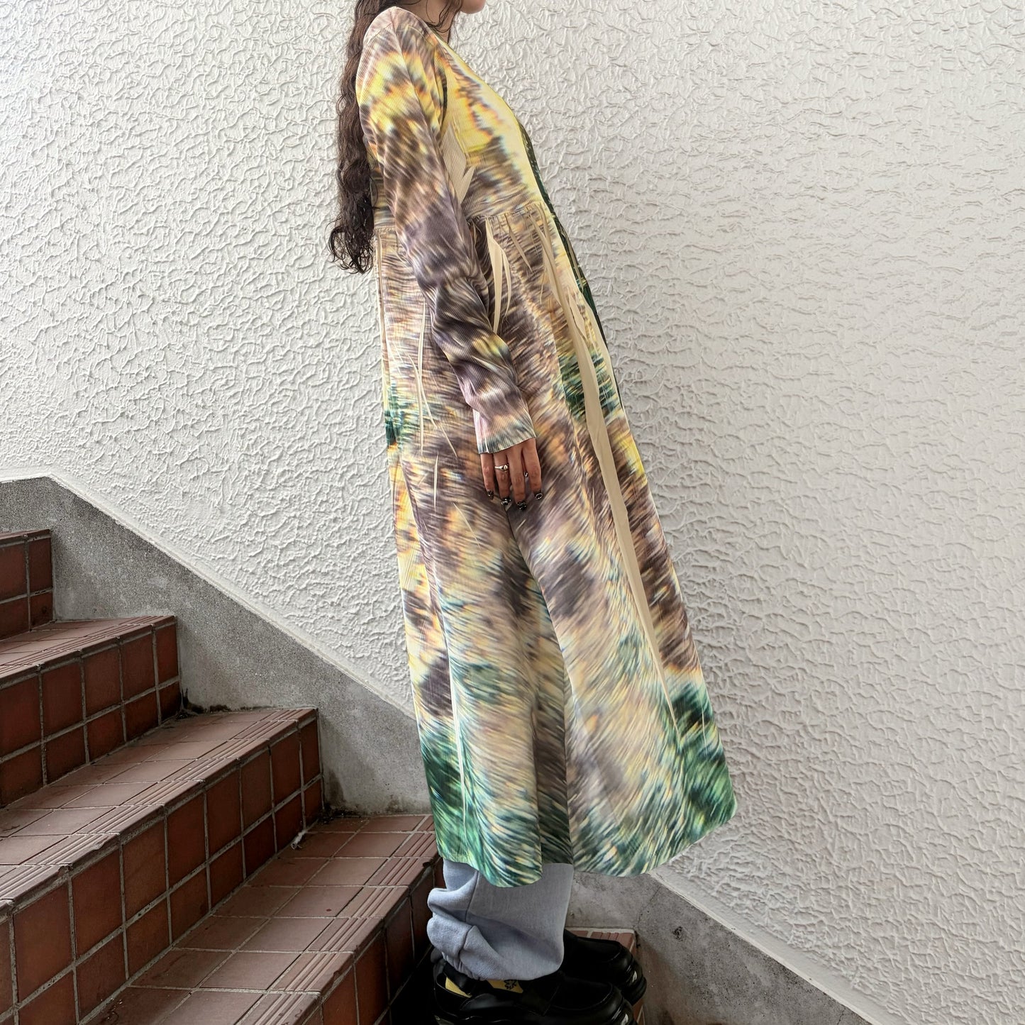 DIRECT PRINT RIB GATHER ONE-PIECE / YELLOW / ダイレクトプリントリブギャザーワンピース