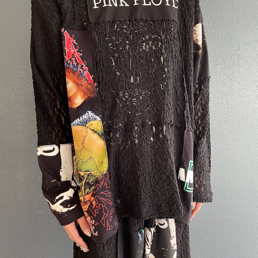 LACE LONG SLEEVE TSHIRT RE-MAKE FROM USED PUNK TEE AND KIDILL ARCHIVE TEE / BLACK / レースロングスリーブTシャツ