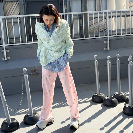 EMBROIDERY FLAT PANTS / PINK / うさぎ刺繍パンツ