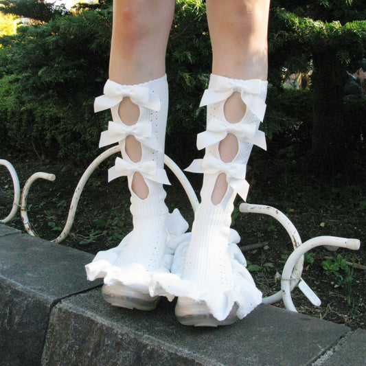THREE CUTE BOW LONG SOCKS BOOTS / WHITE / JennFaxブーツ