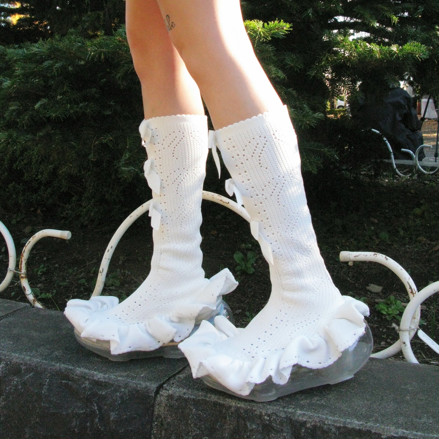THREE CUTE BOW LONG SOCKS BOOTS / WHITE / JennFaxブーツ
