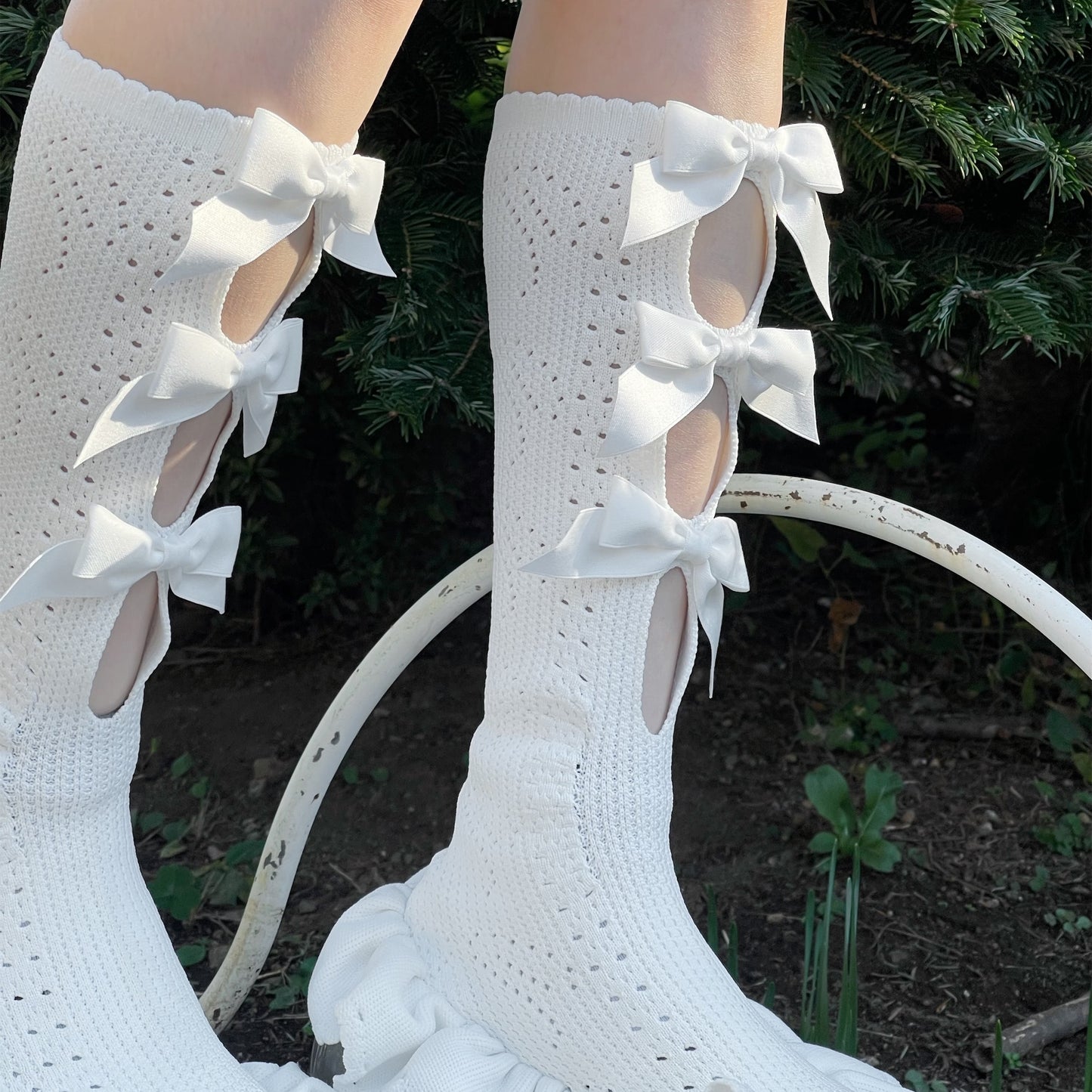 THREE CUTE BOW LONG SOCKS BOOTS / WHITE / JennFaxブーツ
