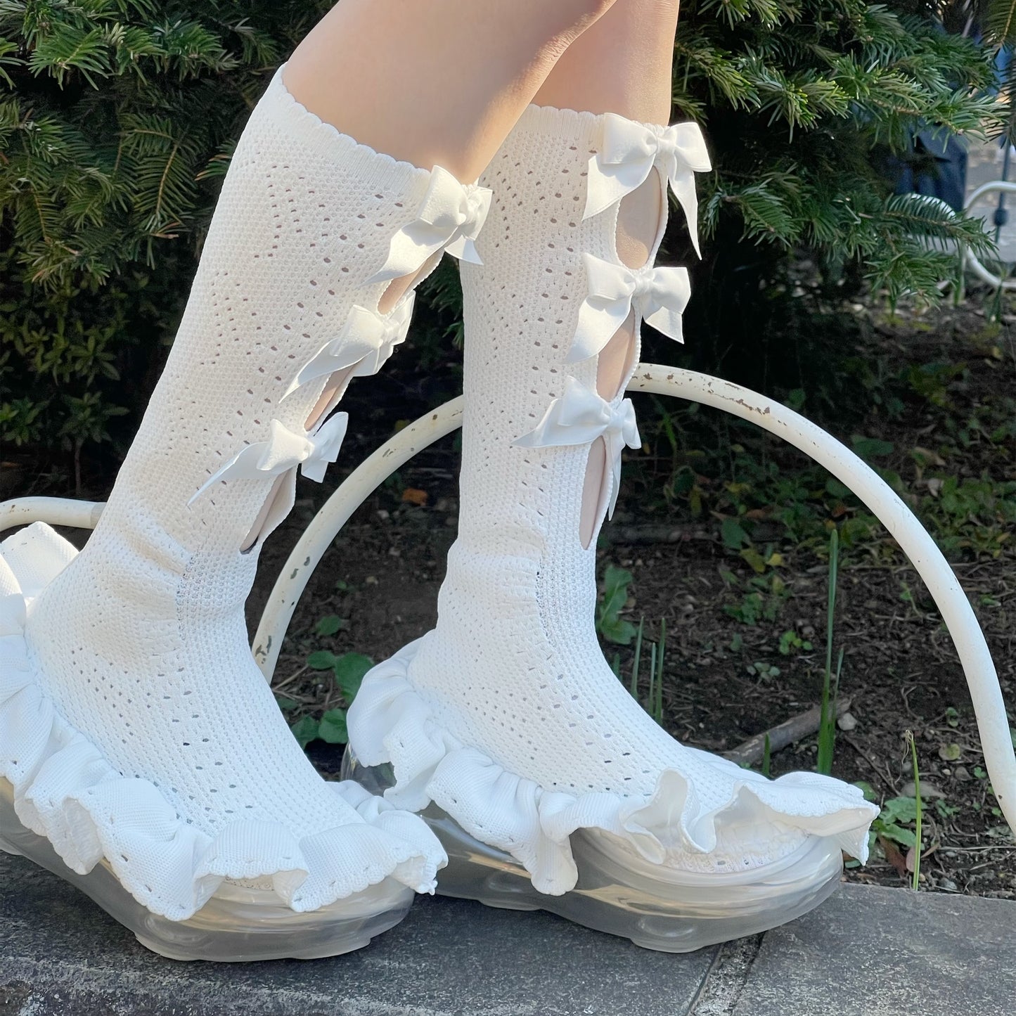 THREE CUTE BOW LONG SOCKS BOOTS / WHITE / JennFaxブーツ