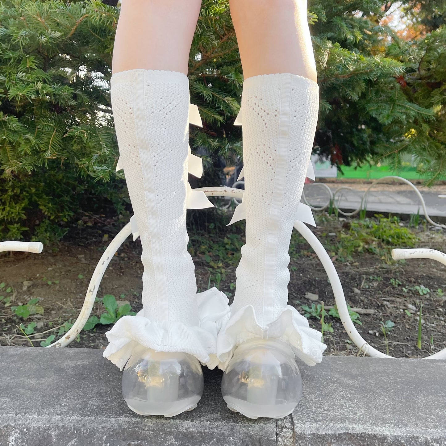 THREE CUTE BOW LONG SOCKS BOOTS / WHITE / JennFaxブーツ