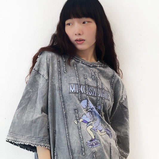 WASHED RUNNER LONG T-SHIRT / NAVY / ウォッシュ加工フリルTシャツワンピース