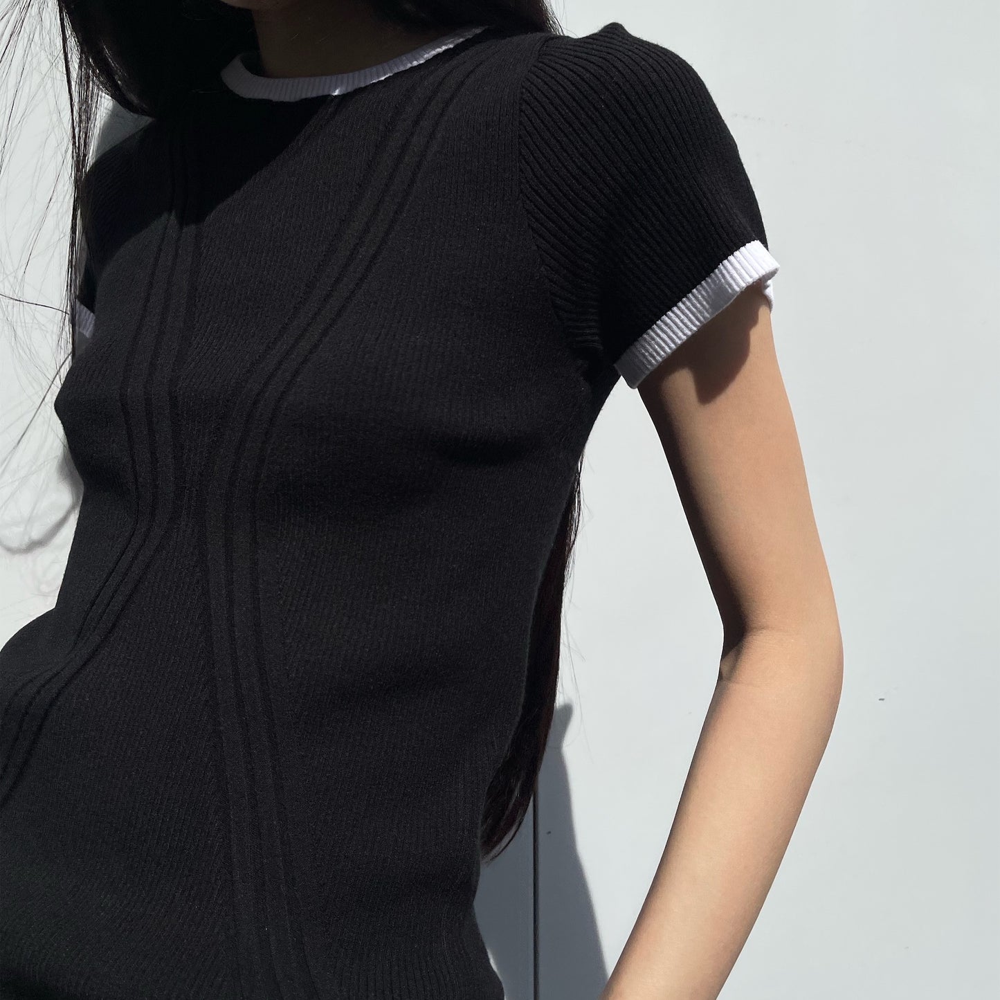X shirt / Black / ニットリブTシャツ