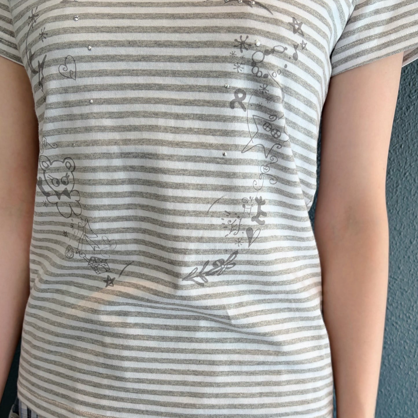 Cry Eyes Stripe Short Sleeve Top / Gray / ストライプグラフィックプリントTシャツ