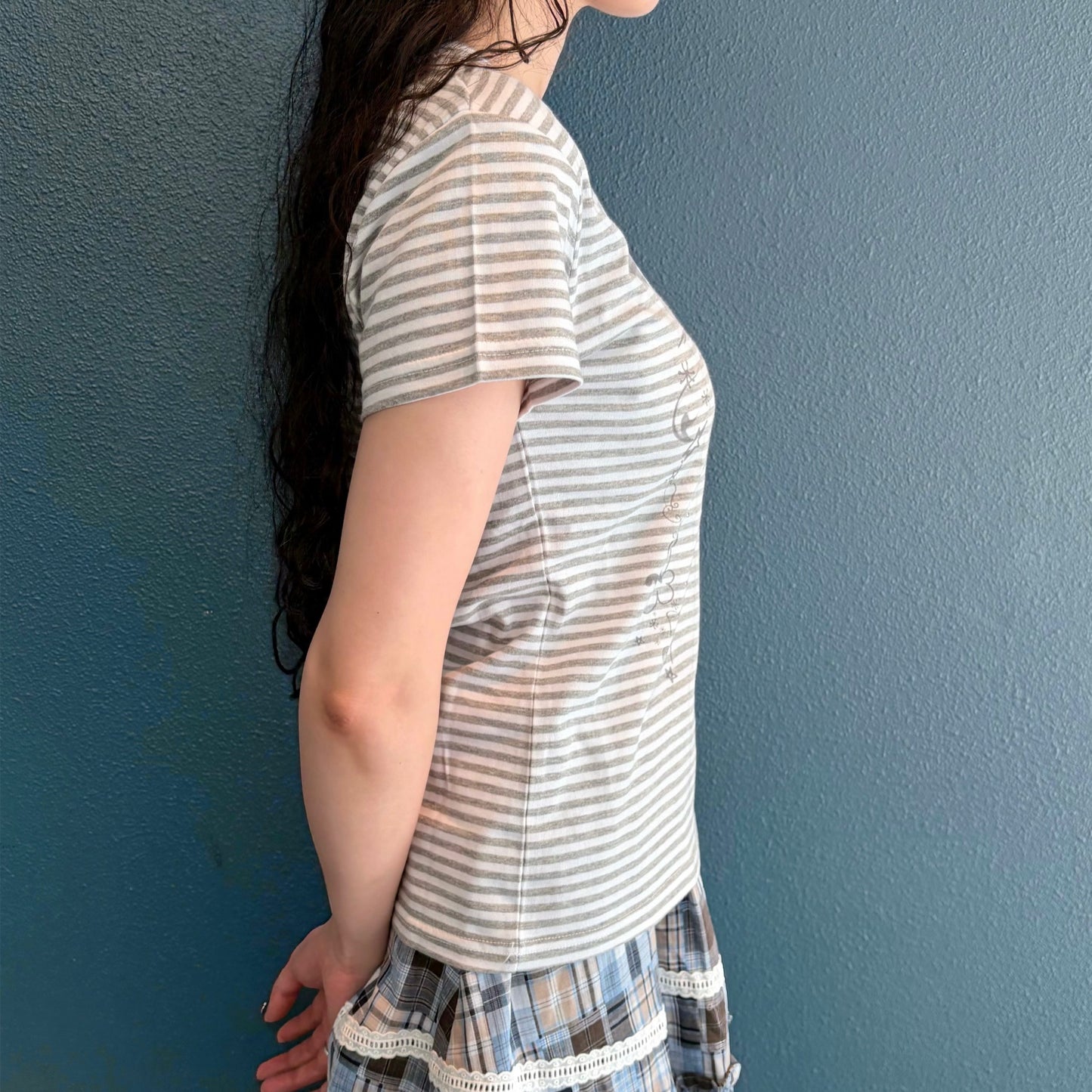 Cry Eyes Stripe Short Sleeve Top / Gray / ストライプグラフィックプリントTシャツ