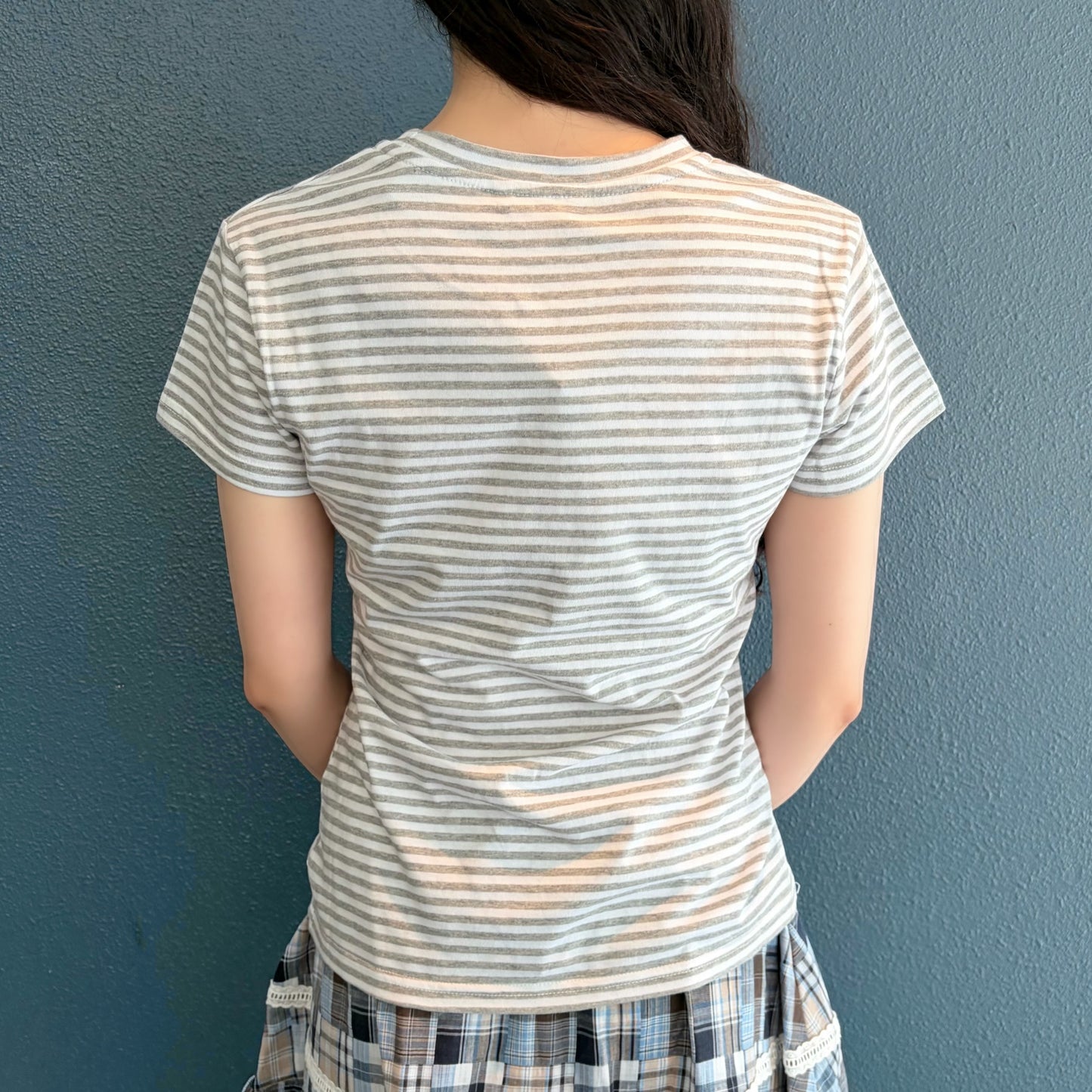 Cry Eyes Stripe Short Sleeve Top / Gray / ストライプグラフィックプリントTシャツ