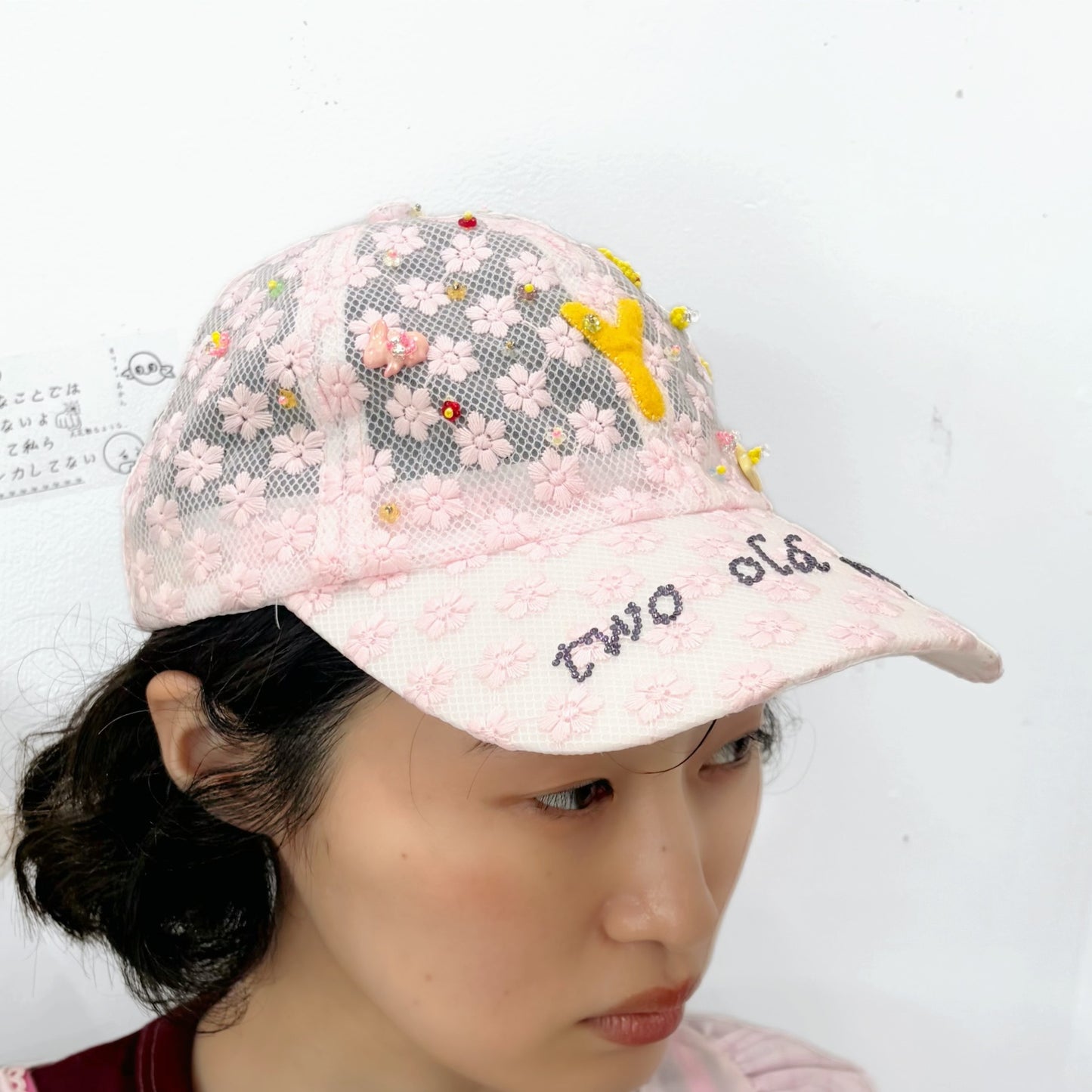 Y cap / white x pink / レースキャップ