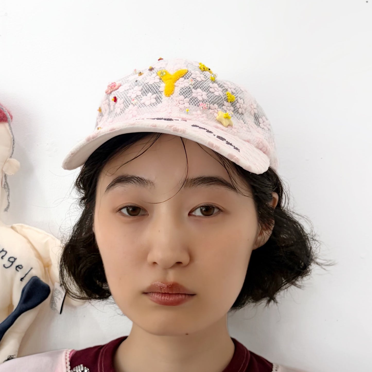 Y cap / white x pink / レースキャップ