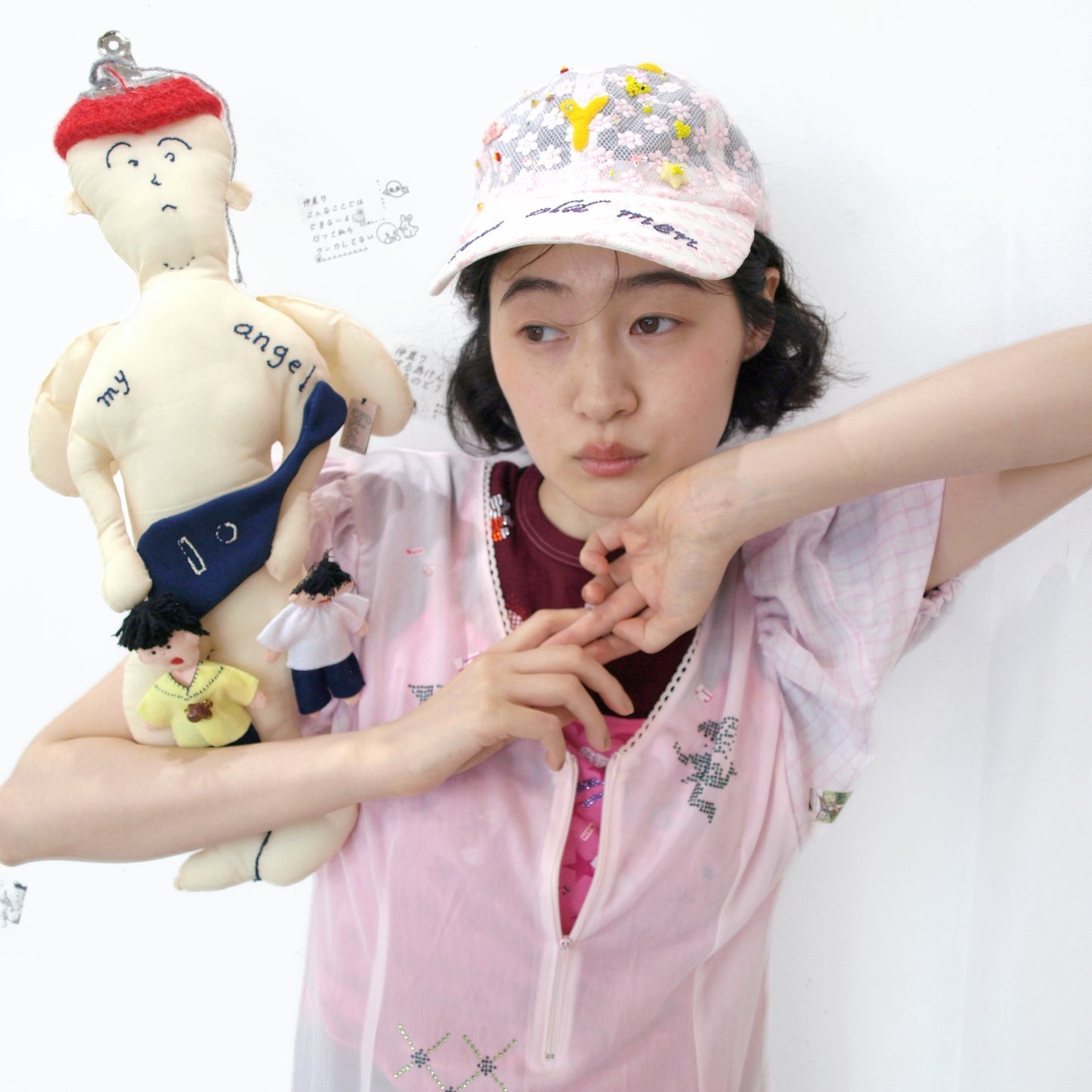 Y cap / white x pink / レースキャップ