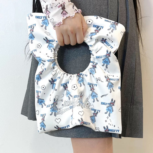 Little bunnies bag / Blue / プリントハンドバッグ